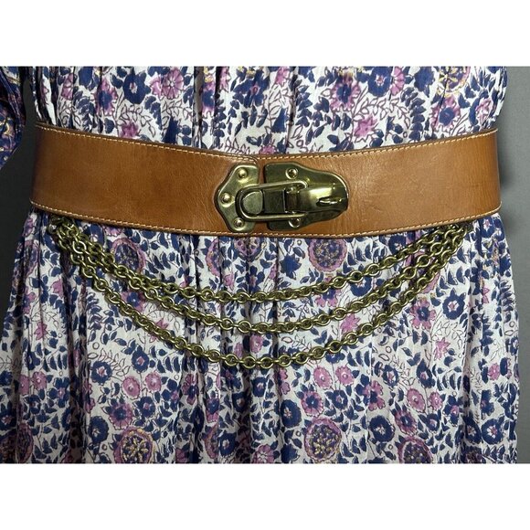Vintage DKNY Leather Belt Brass Flip Lock & Multi Chains Boho Wide Belt main image 6